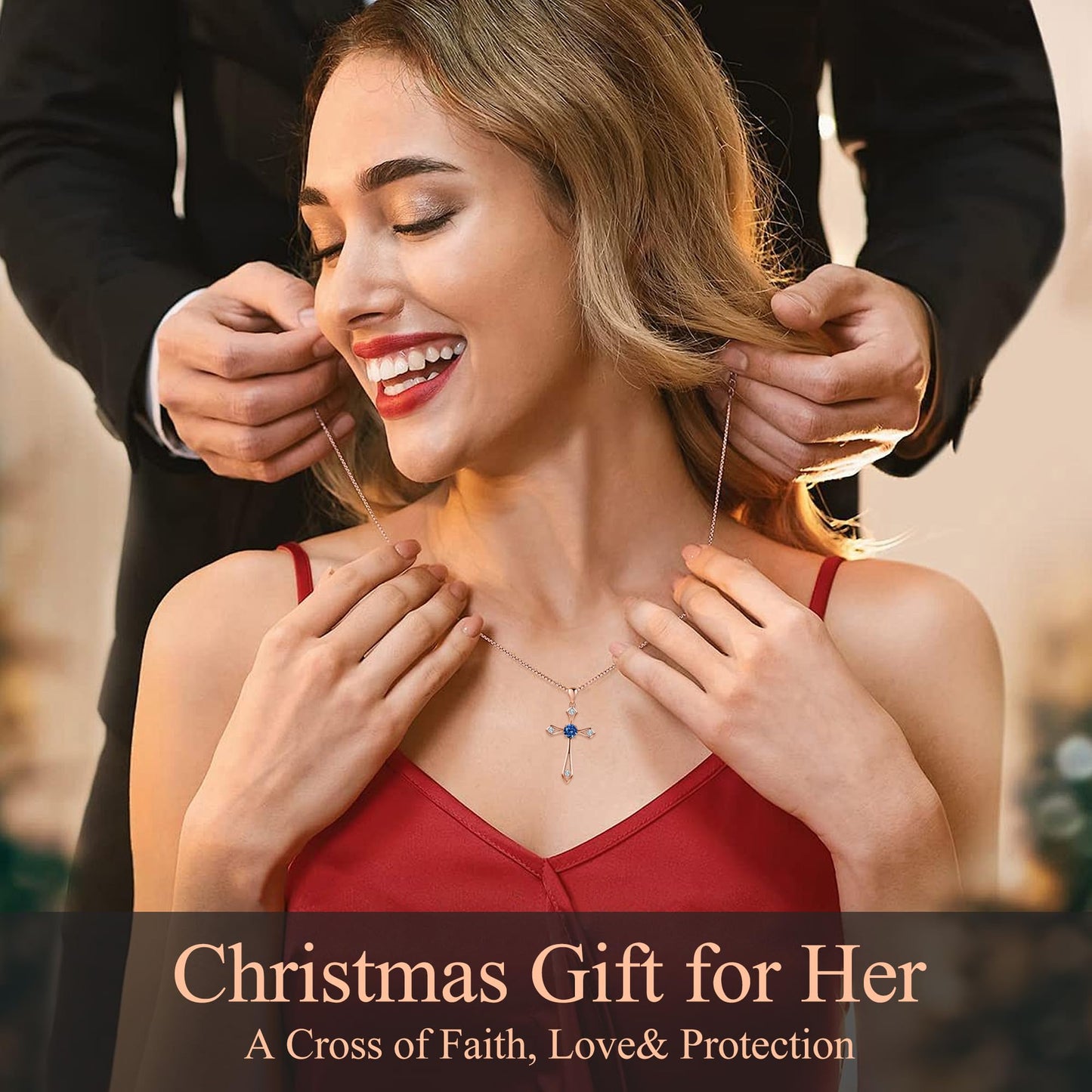 QUALISE Cross Necklace for Women,925 Sterling Silver Birthstone Necklace,Sapphire-Septermber Birthstone Cross Necklace,Faith Religious Fine Jewelry Valentines Day Gifts Birthday Holiday Gifts for Her