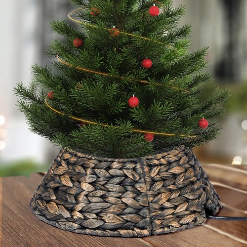 Mini 13.5 Inch Christmas Tree Collar, Woven Hyacinth Handmade 4-Piece Christmas Tree Collar with Prefabricated Opening, Suitable for Stairwells, Office Xmas Tree Base Decoration for Small Spaces