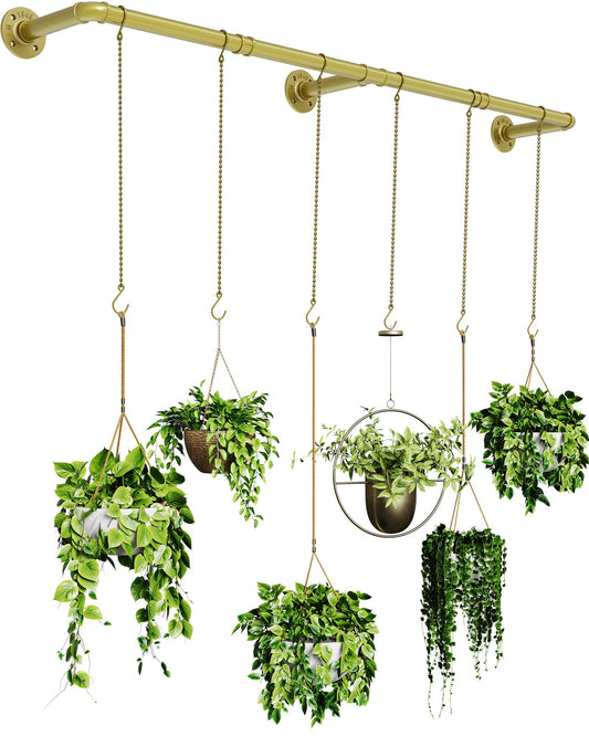 SOFITORG Plant Haning Rod, Hanging Planters for Indoor Plants with 6 Chains, Wall Plant Hanging Bar for Window Celling, 65.7 Inch, Metal Gold, Pots Not Included