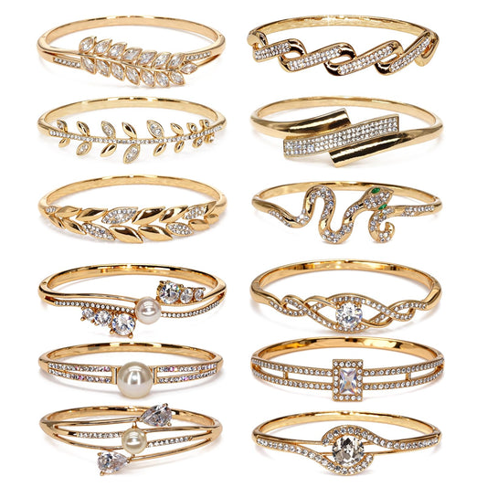 12 Pack Women's Gold/Silvery Bangle Bracelet Bulk Set - Pearl/Cubic Zirconia/Leaf Wheat Pattern/Crystal Inlays - Fashion Trendy Lightweight Stackable Jewelry - For Daily Wear, Special Occasions & Women Gift for Her, Girlfriend, Wife, Mom, Sister, Lover on