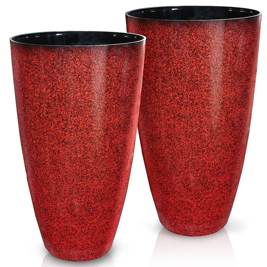 2 Pcs Pack 21 Inches Plastic Resin Tall Tapered Planter Pots Large Round Planter Flower Pot with Drainage Holes for Indoor Outdoor Deck Porch Yard Office Garden Home Patio Front Door (Red, L)