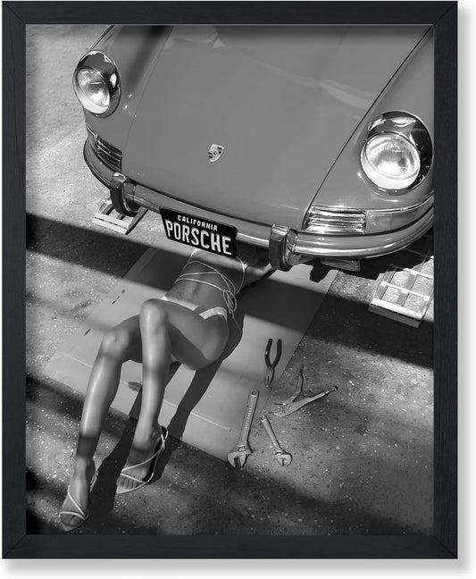 Poster Master | Classic Car Poster - Sexy Mechanic Art Print - Black & White Photography - 8x10 Unframed Decor