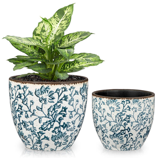 Vintage Flower Pot Blue and White Plant Pot Large Ceramic Planters for Indoor Plants Pots with Drainage Shabby Chic Planter Pots for Succulents Cactus Herb Snake Plants Outdoor Garden, 7.6/5.5 Inch