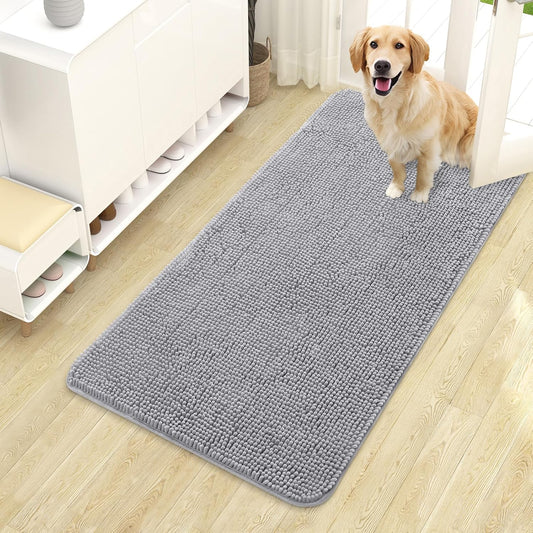 OLANLY Dog Door Mat - Absorbent Non-Slip Chenille for Muddy Paws | 44x24 Light Grey Indoor Doormat