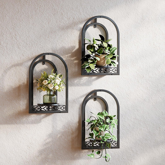 Rioneta Hanging Planter for Indoor & Outdoor Plants, Mid Century Modern Iron Frame Wall Decor for Living Room Garden Patio 3 Pack Black（No Light）