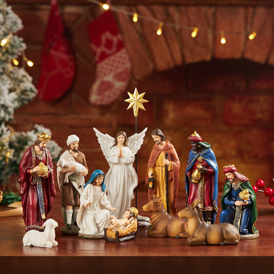 BESBLEE Nativity Sets for Christmas Indoor Set of 13 Pieces 5.9 Inches Tabletop Classic Nativity Scene Resin Figurines Set Religious Decorations Collection Gifts fot All Holidays Home Decor