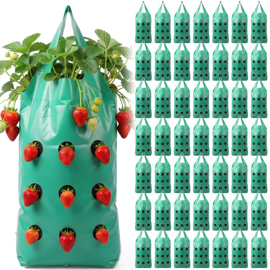 50 Pack Hanging Strawberry Planter Grow Bags, 9 Hole Plastic Hanging Vertical Planters, Upside Down Garden Bags with Reinforced Handles for Outdoor Wall Strawberries, Cherry, Tomatoes, Flowers, Tomato