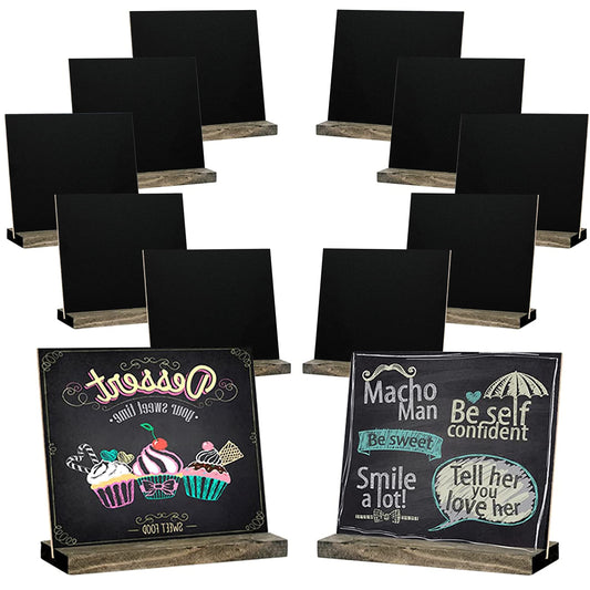 12 Pack Mini Tabletop Chalkboard Sign with Base Stand, 5 X 6 Inch Vintage Wooden, Ideal for Table Numbers, Food Signs, Message Boards, Party Decorations, Event Supplies