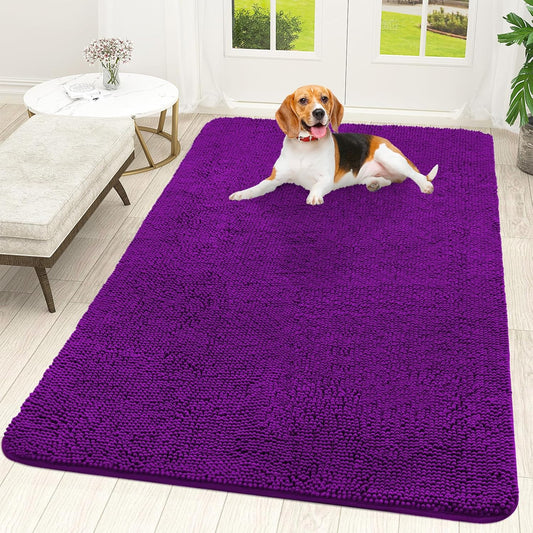 OLANLY Dog Door Mat - Absorbent Non-Slip Washable Doormat for Muddy Paws | 59x35 Purple Chenille Mat