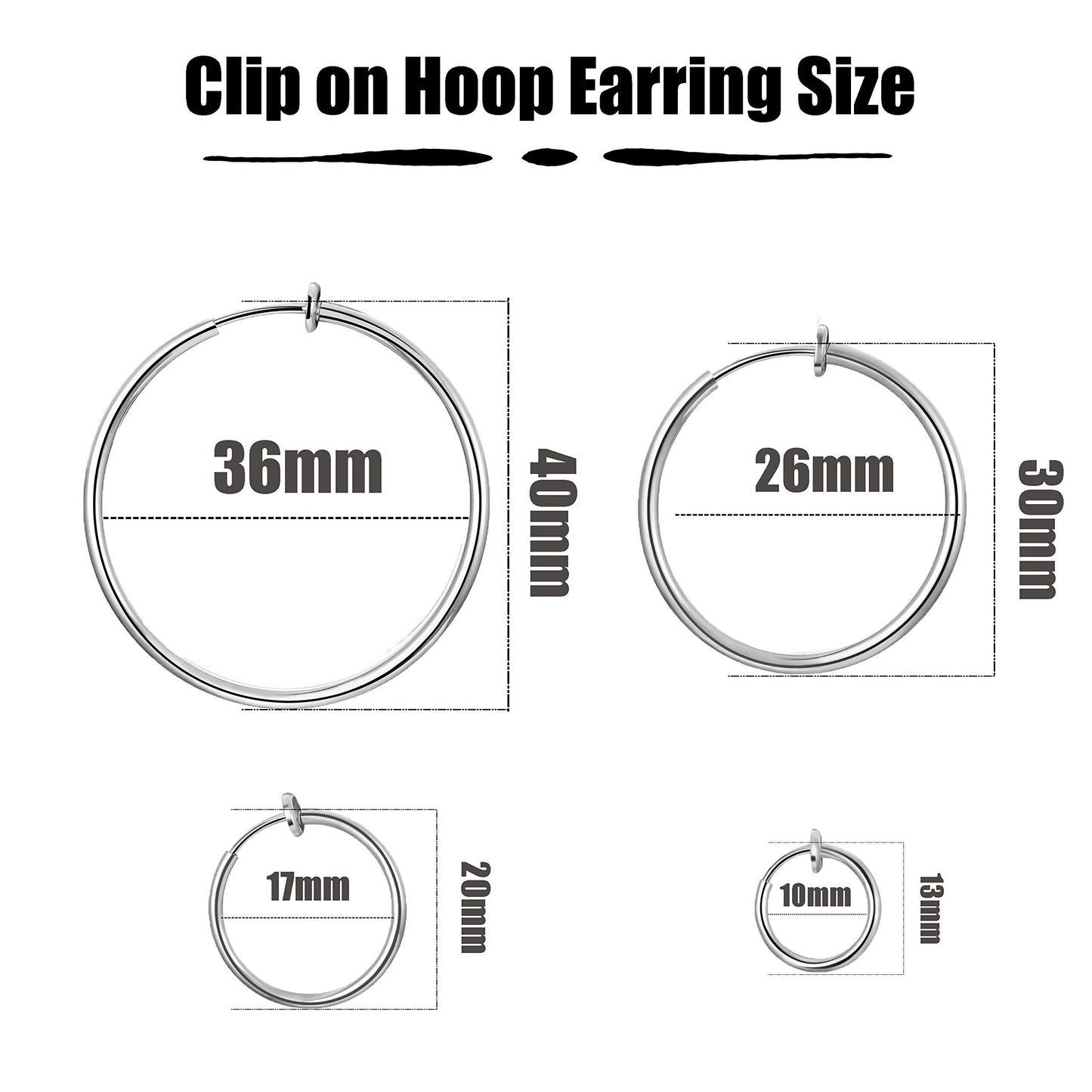 Stainless Steel 4 Pairs Set Clip On Hoop Earrings for Women Men Non Pierced Earrings Silver Set