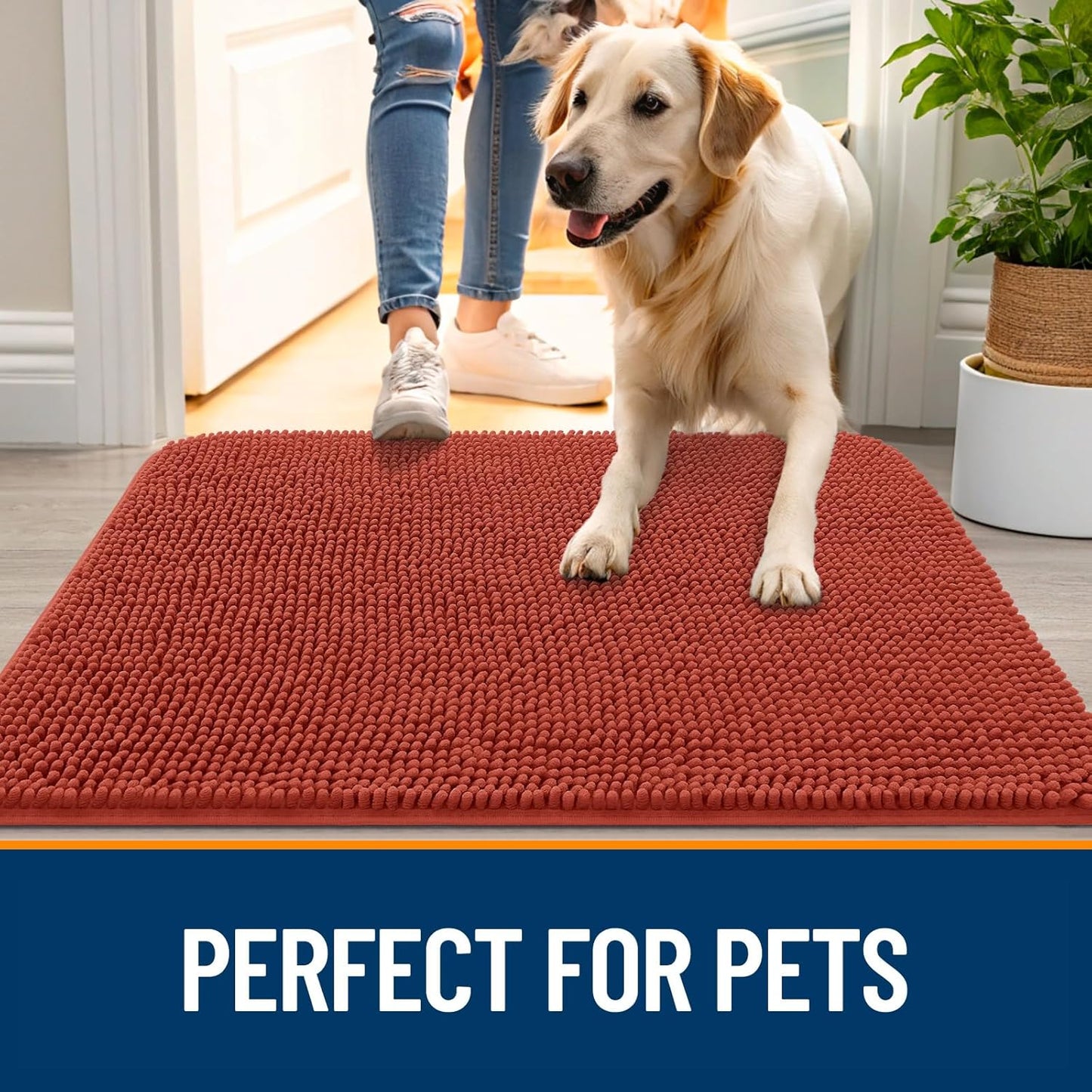OLANLY Dog Door Mat - Absorbent Non-Slip Mud Mat for Indoor Use | 54x24, Quick Dry Chenille, Maple Red