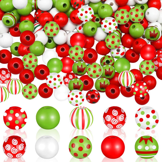 240 Pcs Christmas Wooden Beads Bulk for Crafts, Red and Lime Green Round Spacer Polka Dot Peppermint Swirl Beads for Jewelry Making DIY Garland Pen Holiday Xmas Tree Decor Ornament, 16mm, 9 Styles