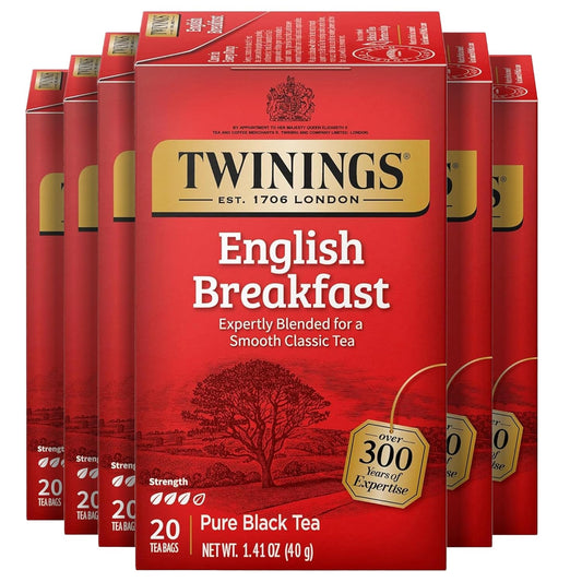 Twinings English Breakfast Black Tea - Robust & Flavorful Individually Wrapped Bags | 20 Count (Pack of 6)