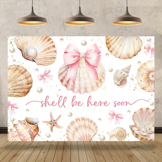 Bcuuipo Shell Themed Baby Shower Backdrop She'll Be Here Soon Pink Bowknot Pearl Seashell Photography Background for Girls Newborn Baby Shower Party Decoration Supplies Banner Photo Booth Props 7x5ft