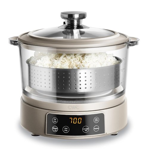 Cook With Color 3L Glass Mini Rice Cooker - Auto Lift Filter Basket, Steamer & Hotpot, Greige