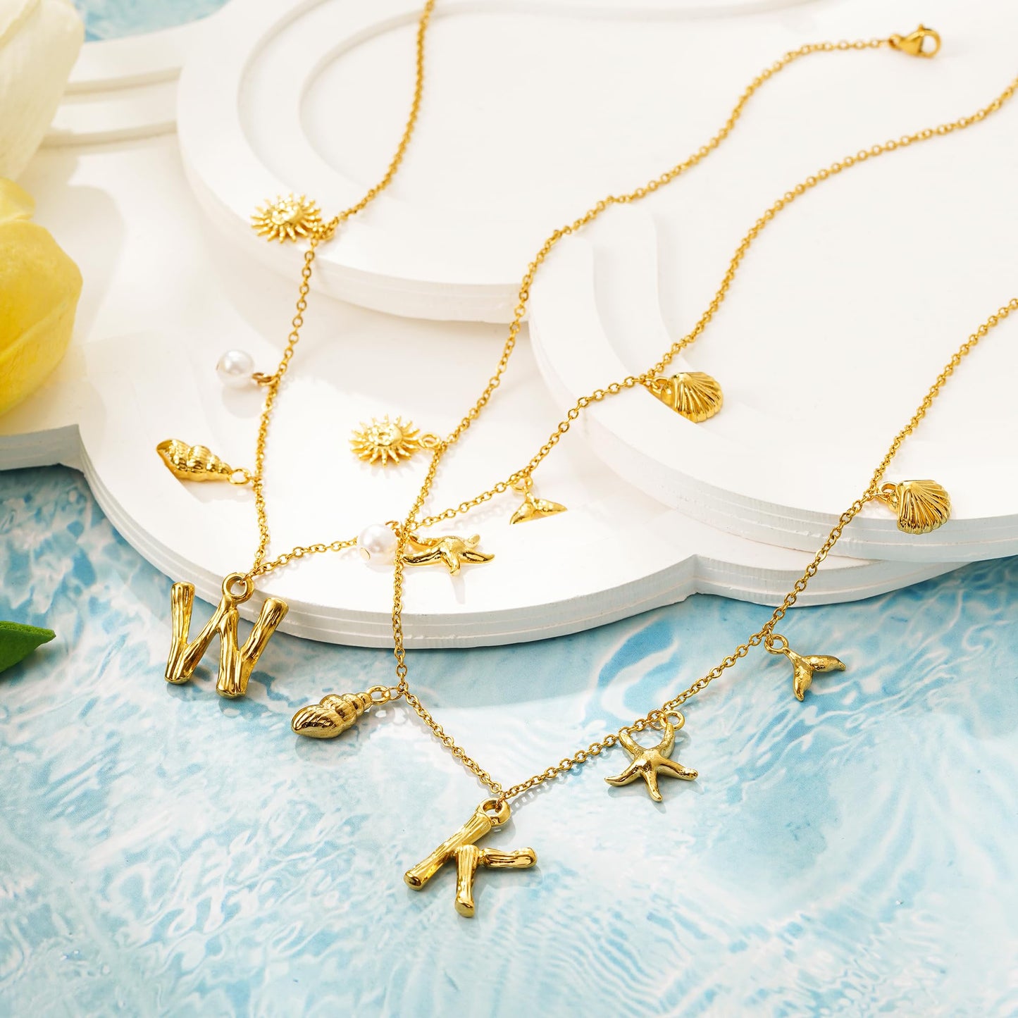 SLOONG Initial Charm Necklace 14K Gold Plated Letter Neckalce Freshwater Pearl Necklace Choker Boho Summer Seashell Beach Starfish Surfer Jewelry Gifts for Women T