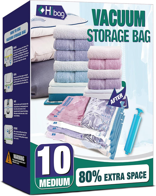 Skiennix Vacuum Storage Bags - 10 Medium Space Saver Vacuum Seal Bags with Travel Hand Pump