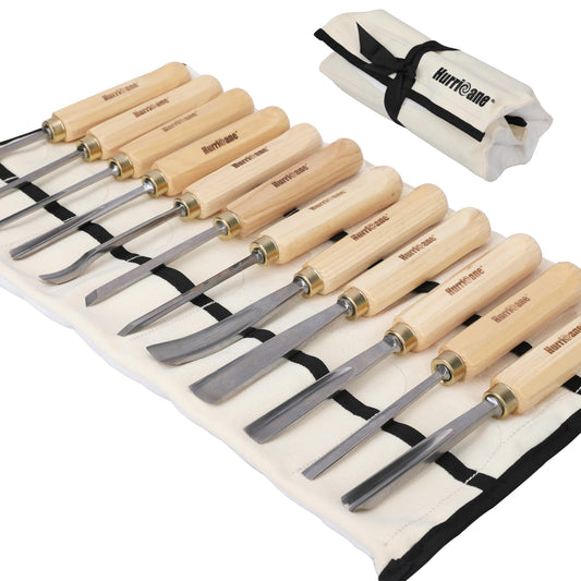 HURRICANE 12-Piece Wood Carving Tools Set, Professional Wood Carving Chisels Kit with Razor Sharp 60CRV Steel Blades, Ash Wood Handles & Canvas Case for Beginners & Professionals