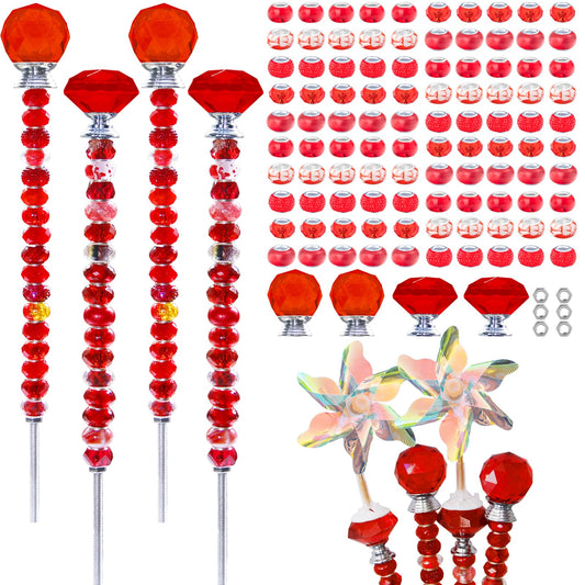 101 PCS Beaded Garden Stakes Kit, DIY Fairy Wand Garden Stake Beads Kits with Red Large Hole Beads 4 Crystal Stopper Top Threaded Rods and 2 Colored Small Windmills for Outdoor Indoor Decor