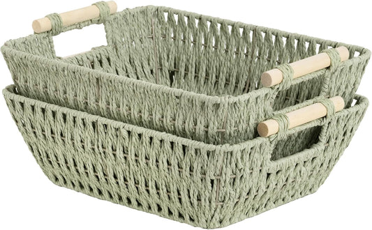 StorageWorks Large Wicker Storage Baskets - Organize with Wooden Handles, Bosana Green, 2-Pack