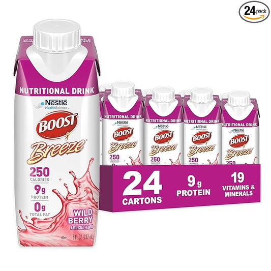 BOOST Breeze Clear Nutritional Drink - 250 Calories - 19 Vitamins & Minerals - 9 g Protein ??Fortified Clear Nutritional Drink with Vitamin A & Zinc - Wild Berry Flavor - 8 fl oz (Pack of 24)