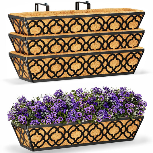 LAWYAMAI 24 Inch Railing Planter Box with Coco Liner, Adjustable Metal Hanging Planter, Window Box for Balcony Deck Fence, Outdoor Flower Box Black, 4 Pack