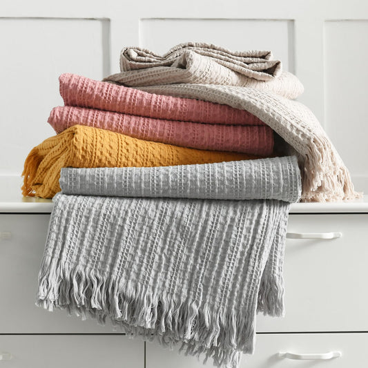 100% Cotton Waffle Blanket with Fringe, Pre-Washed Waffle Weave Blanket for All Season, Lightweight Breathable Soft Cozy Throw Blanket for Couch, Bed, Travel (Light Grey - 50x60 Inches)
