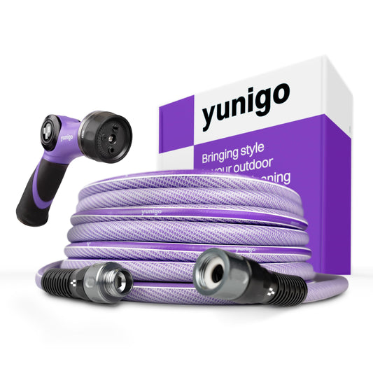 YUNIGO ESSENCE 5/8" 50ft Hybrid Purple Garden Hose – No-Kink Abrasion-Resistant with Durable Aluminum Fittings & Spray Nozzle, Ideal for Intensive Home & Garden Watering