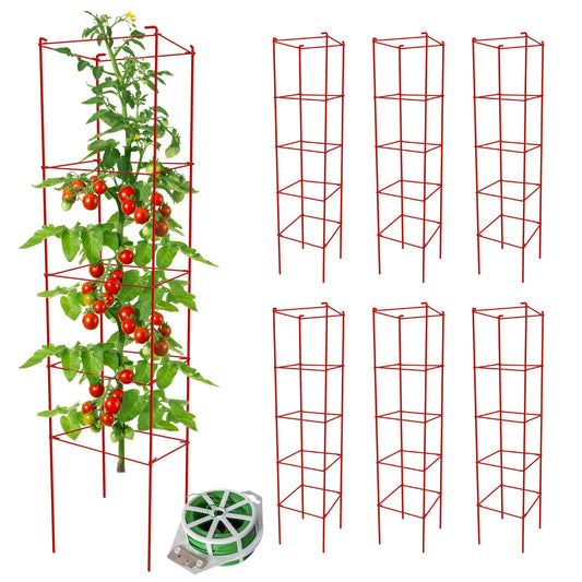 Thealyn Tomato Cages 6 Packs 57 Inches (H) Plant Stand with 164 Feet Twist Ties, Heavy Duty Garden Plants Support for Tomatoes, Cucumber, and Other Climbing Plants (Red)
