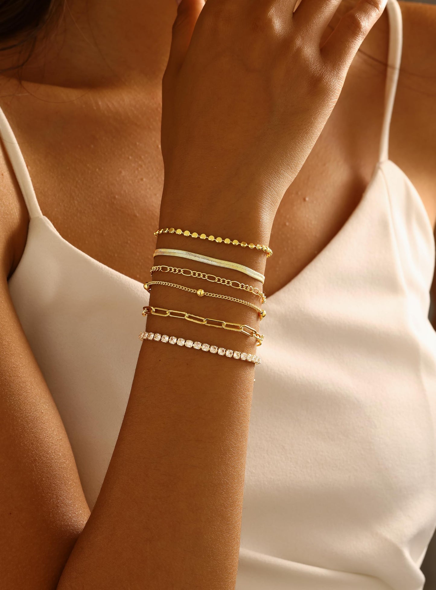 DEARMAY Dainty 14K Gold Plated Bracelets for Women Trendy Waterproof Jewelry Sets Fashion Stackable Rope Box Herringbone Paperclip Chain Link Bracelet Pack Stack Gifts for Womens