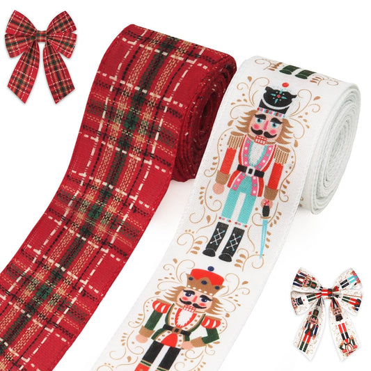 2 Rolls Christmas Ribbons for Crafting, 2.5" ×10 Yards Xmas Wired Edge Ribbon Christmas Cartoon Characters Craft Ribbons Red Wired Ribbon for Crafting Christmas Party Decorations Supplies