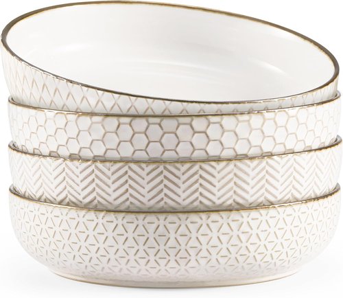 KooK Ceramic Pasta Bowls - Large Capacity Embossed Serving Bowls | Microwave & Dishwasher Safe, Set of 4, Ivory with Dark Copper Accents