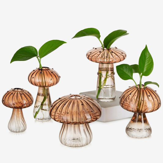 Glasseam Mushroom Plant Propagation Stations: Green Glass Terrarium Jar Set of 5 Cute Planters for Indoor Plants Mini Propagate Station Unique Christmas Birthday Gifts for Women Home Office Decor