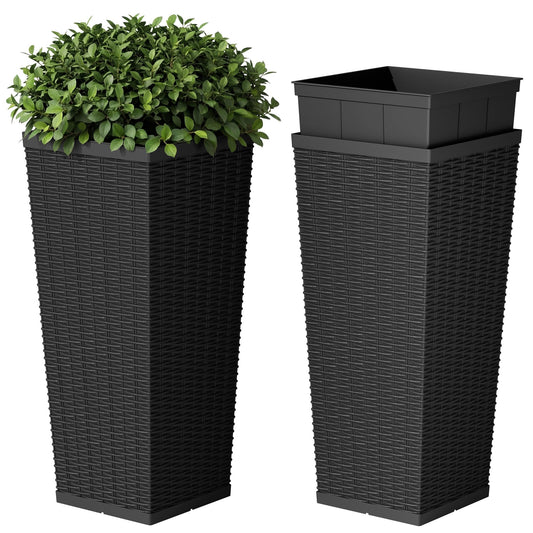 Devoko Resin Tall Planters for Outdoor Plants Set of 2, Large Widened Taper Planter Pots with 8 Drainage Holes, Flower Pots Modern Decor for Porch, Patio, Garden (Black, 24'' Without Trays)
