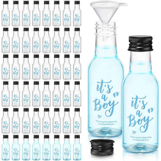 Boao 50 Pcs Baby Shower Favors for Guests Include 50 It's a Boy 1.7oz Mini Empty Plastic Alcohol Shot Bottles with 1 Funnel Baby Shower Return Gift for Guests Gender Reveal Gifts Ideas