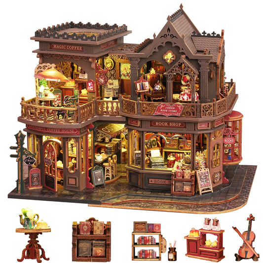 Plustopoy DIY Miniature House Kit - 3D Wooden Puzzle Bookshelf Decor with Furniture & LED Light, Dollhouse Kit Creative Craft Building Set for Adults, for Women Men