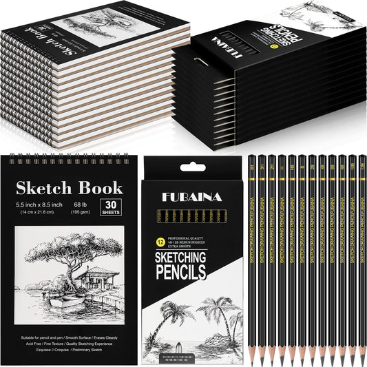 Humyoun 24 Pcs Top Spiral Bound Sketch Pad with Drawing Pencils Set, 5.5 x 8.5 Inch Sketchbook, 68lb(100gsm) Thick Paper, Charcoal & Graphite Pencils (12B-4H) for Shading, Artists & Beginners