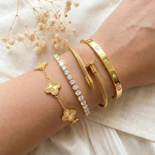 Billet-doux 18K Gold Plated Nail Love Bangle Bracelets Set For Women, Stackable Four-Leaf Clover Adjustable Tennis Bracelet Non-Tarnish Trendy Jewelry Gifts Perfect for Her