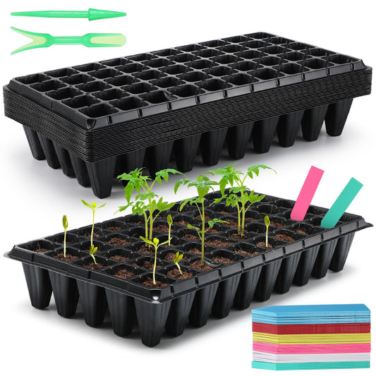 Vesici 20 Pcs 50 Cell Deep Root Seed Starting Trays 3.54" Depth Seedling Plastic Nursery Trays Bulk Thick Plastic Starter Cups for Plants with 120 Labels 2 Plant Tool Germination Gardener Supply