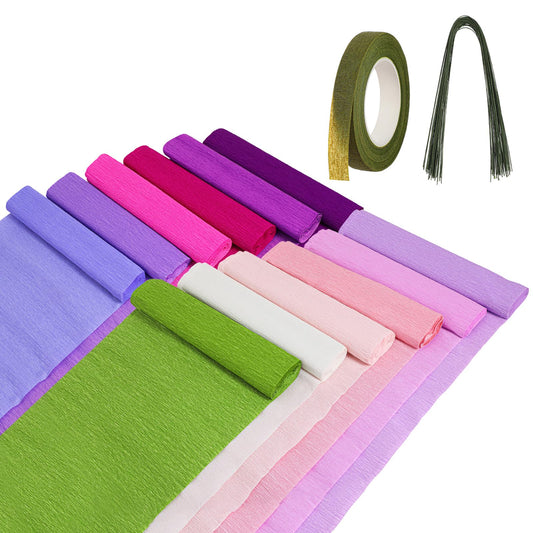 12 Rolls Crepe Paper Sheets Rolls, 10" x 98" Crepe Paper Sheets with 50 Pcs Green Floral Iron Wire and Green Floral Tapes, Assorted Color for Flower Making Wedding Birthday Party DIY Craft (12 Colors)