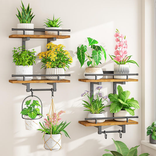LASZOLA 2Pcs Wall Mount Plant Shelves with 4 Hangers for Indoor, Heavy Duty Metal and Wood Window 2 Tier Floating Flower Holders Stand for Kitchen Bathroom, Modern Display Bracket Rack, Rustic Brown