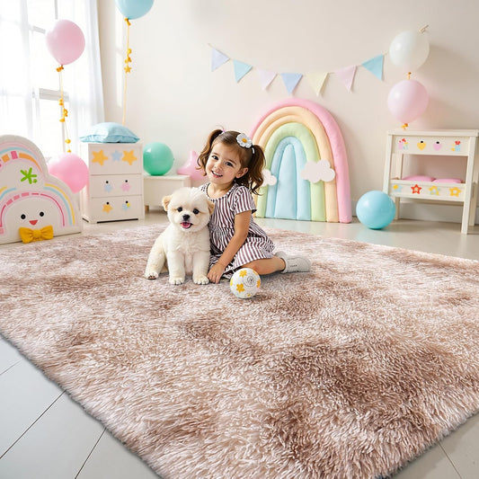 OLANLY Area Rugs - Soft Fluffy Shaggy Indoor Carpet for Living Room & Bedroom | 4x5.9 Feet, Beige Tie-Dye