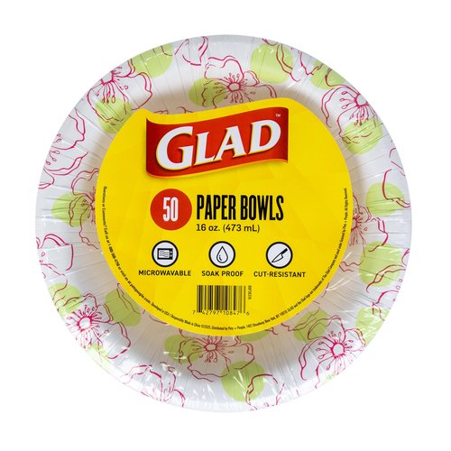 Glad Round Disposable Paper Bowls, Pink Flower Design - Heavy Duty, Soak Proof, Cut-Resistant, Microwavable Bowl for All Foods & Daily Use, 16 Oz, 50 Count
