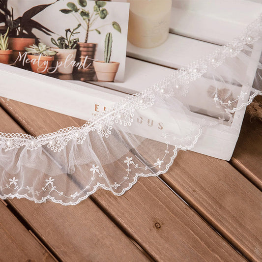 BETITETO 3 Yards White Ruffles Beads Lace Trim Pleated Pearl Organza Tulle Fabric Frills Ribbon for Sewing Clothing Curtains Wedding Decor Dress Designing and Crafts DIY (White-Off Only Style A)