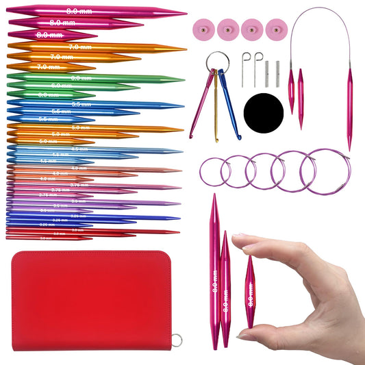 Lewhoo Circular Knitting Needles Set with Case,11 Pairs Interchangeable Aluminum Circle Needles with 5 Cables 3.0~8.0mm Multicolored