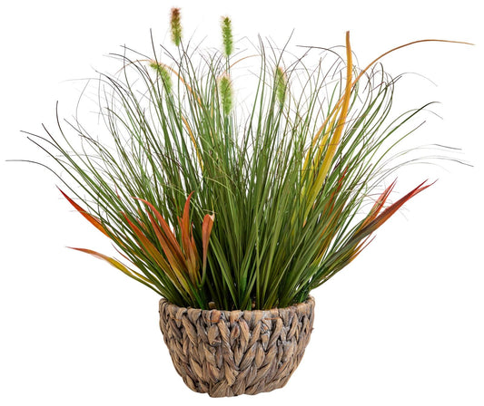AlphaAcc 17.5 Inch Artificial Grass Plant with Pebbles Full Realistic Faux Plant Featuring Natural Curved Grass Leaves in Green and Red Brown Tones, Rustic Woven Pot Fake Plant for Home Office Decor