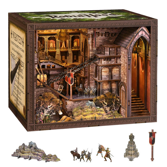 MiniCity DIY Book Nook Kit - The Castle's Escape 3D Miniature Wooden Scene with LED Lights, Dustcover & Tools for Shelf Decor (Robin Hood)