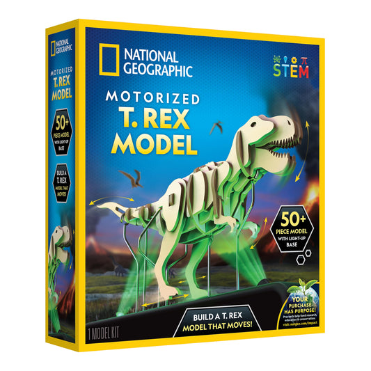 National Geographic Motorized Dinosaur 3D Puzzle - 50-Piece 3D T. Rex Wood Model Kit with Light-Up Motorized Display Base and 8 Light Settings, 3D Puzzles for Kids, Buildable Dinosaur Model