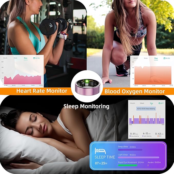 Smart Ring for Women Men, Health Tracker with Heart Rate/Blood Oxygen/Blood Pressure/Sleep Monitoring/Step Counting, IP68 Waterproof Fitness Ring, No App Fees for iPhone & Android (Black, 7#)