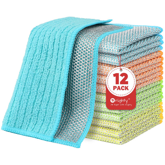 Orighty Multipurpose Wire Dishwashing Rag 12 Pcs, Upgraded Double-Layer Non-Scratch Wire Dish Cleaning Cloths, Kitchen Reusable Steel Scrubber, Powerful Dishcloth Rag for Cookware, Multicolor, 7"x8"